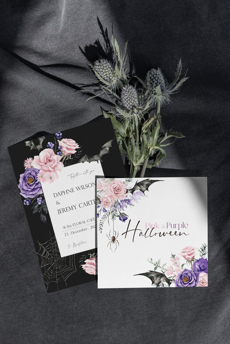May include: Two wedding invitations with a Halloween theme. The invitations are decorated with pink and purple flowers, bats, and spiders. The text on the invitations reads "Together with you, Daphne Wilson & Jeremy Carter, At the Floral Cafe, 23. December, 202, To Brighton" and "Pink & Purple Halloween".