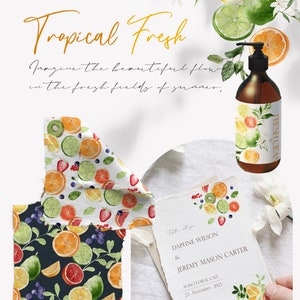 May include: A watercolor wedding invitation with a tropical fruit theme. The invitation features a bouquet of limes, oranges, grapefruits, kiwi, and blueberries. The text reads "Together with you, Daphne Wilson & Jeremy Mason Carter, At the Floral Cafe, 23. December, 2023".