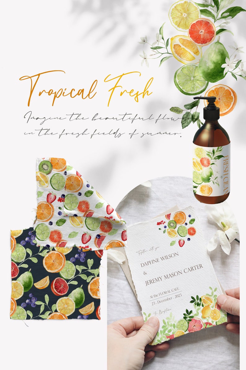 May include: A watercolor wedding invitation with a tropical fruit theme. The invitation features a bouquet of limes, oranges, grapefruits, kiwi, and blueberries. The text reads "Together with you, Daphne Wilson & Jeremy Mason Carter, At the Floral Cafe, 23. December, 2023".