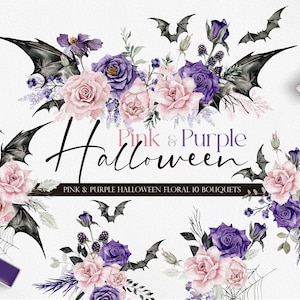 Roze & paarse Halloween, Halloween clipart, aquarel Halloween, aquarel clipart, aquarel bloemen, Halloween bloem, roze Halloween