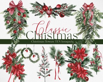 Klassisk jul, jul clipart, julgran, akvarell jul, julbuketter, akvarell vinter clipart, vintergrönsak