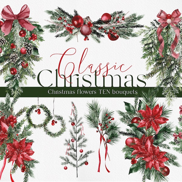 Classic Christmas, Christmas clipart, Christmas tree, Watercolor Christmas, Christmas Bouquets, Watercolor winter clipart, Winter greenery