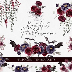 Belle Halloween, Fleurs à l’aquarelle, Arrangements floraux, Clipart d’Halloween, Cadre d’aquarelle, Fleurs d’Halloween, Clipart grotesque