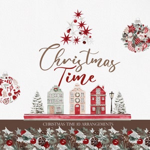 KERSTTIJD, aquarel clipart, kerst clipart, aquarel Kerstmis, Kerstmis PNG, rode kerst ornamenten, ornamenten clipart