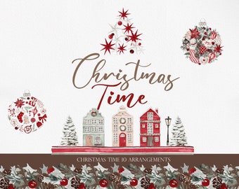 CHRISTMAS TIME, Watercolor Clipart, Christmas clipart, Watercolor Christmas, Christmas PNG, Red Christmas ornaments, Ornaments Clipart