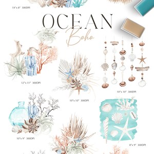 May include: A digital illustration set of ocean-themed watercolor elements, including coral, seashells, starfish, driftwood, and plants. The set is perfect for creating invitations, cards, and other paper crafts.