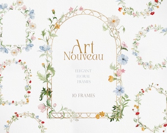 Art Nouveau Style Flowers, Watercolor Flower PNG, Watercolor Florals, Flower Clipart, Wildflower PNG, Watercolor Clipart, Botanical ART