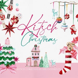 Kitsch Christmas, Watercolor Christmas, Pink Christmas, Christmas Clipart, Christmas PNG, Ornaments Clipart, Pink Ornaments, Christmas Tree