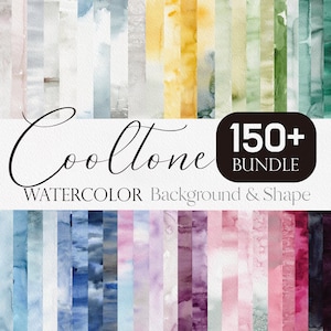Könnte beinhalten: Eine Sammlung von über 150 Aquarellhintergründen und -formen in verschiedenen Farben, darunter Blau, Grün, Gelb, Rosa und Lila. Das Bild zeigt den Text "Cooltone Watercolor Background & Shape 150+ Bundle".