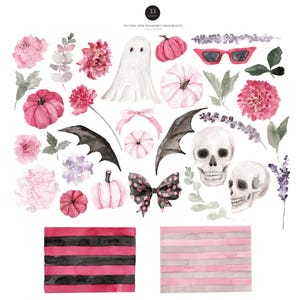 May include: Watercolor illustrations of Halloween-themed elements, including pumpkins, skulls, bats, flowers, and a ghost. The color palette features pink, black, and white. The image also includes two sets of striped patterns.