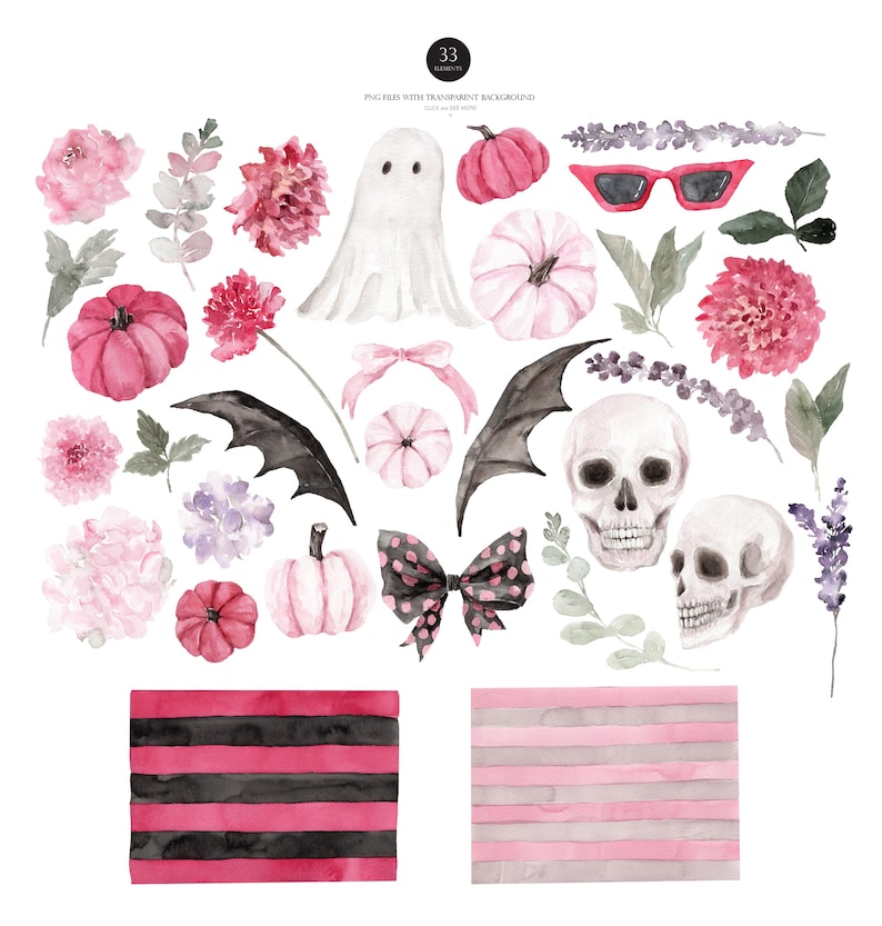 May include: Watercolor illustrations of Halloween-themed elements, including pumpkins, skulls, bats, flowers, and a ghost. The color palette features pink, black, and white. The image also includes two sets of striped patterns.