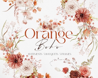Orange Boho Floral, Watercolor Boho Flower, Boho Flower PNG, Watercolor Flower, Boho Wedding, Watercolor Flower Clipart, Boho Clipart