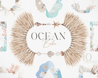 OCEAN Boho, Summer Clipart, Ocean Clipart, Coral clipart, Watercolor Clipart, Watercolor Beach, Watercolor Ocean, Watercolor Summer Boho
