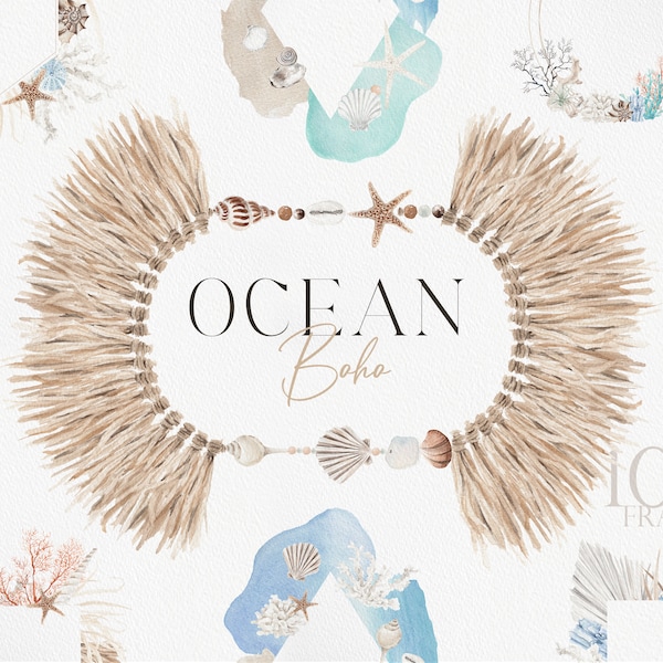 OZEAN Boho, Sommer Clipart, Ozean Clipart, Koralle Clipart, Aquarell Clipart, Aquarell Strand, Aquarell Ozean, Aquarell Sommer Boho