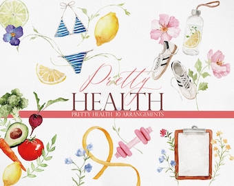 SALUD BONITA, Clipart de acuarela, Clipart de salud de la mujer, Clipart de comida saludable, Clipart de bienestar, Clipart de salud, Estilo de vida saludable de la mujer