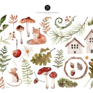 May include: A set of 35 watercolor illustrations featuring various autumnal elements, including mushrooms, leaves, a fox, a mouse, houses, and pine branches. The illustrations are painted in shades of brown, green, red, and white, and have a transparent background.