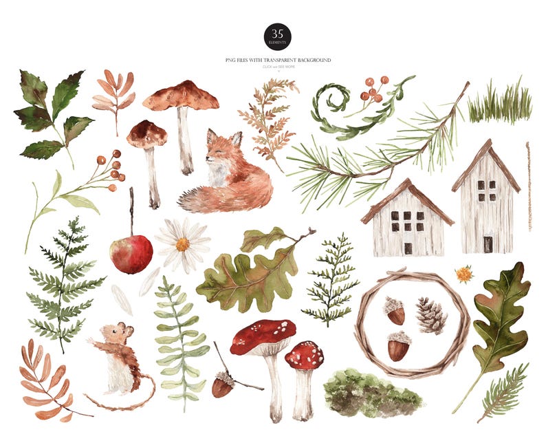 May include: A set of 35 watercolor illustrations featuring various autumnal elements, including mushrooms, leaves, a fox, a mouse, houses, and pine branches. The illustrations are painted in shades of brown, green, red, and white, and have a transparent background.