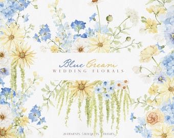 Blue Cream Wedding Florals Clipart, Hand Painted Blue & Ivory Watercolor Bouquet PNG