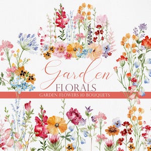 TRÄDGÅRDSBLOMMOR, Akvarell Trädgårdsblomma Clipart, Färgglada Vildblommor, Vildblomsbuketter, Bröllopsinbjudnings Clipart, Vårblommor