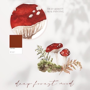 May include: Watercolor painting of red mushrooms with white spots growing on a bed of green moss and brown leaves. The text "deep forest mood" is written in brown script below the mushrooms.