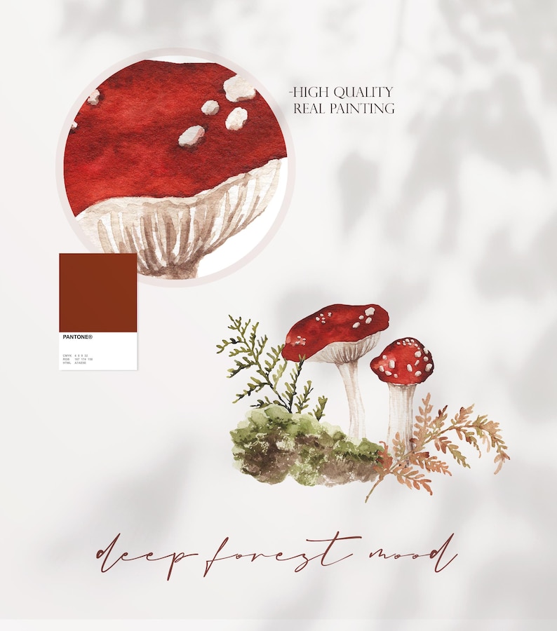 May include: Watercolor painting of red mushrooms with white spots growing on a bed of green moss and brown leaves. The text "deep forest mood" is written in brown script below the mushrooms.