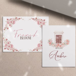 May include: Two printable cards with floral borders. The first card says "French BLOOM" in pink script. The second card has a watercolor illustration of a window with a floral border and says "My Love Amber" in pink script.