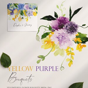 May include: Watercolor painting of a bouquet of yellow and purple flowers. The flowers are arranged in a loose, natural style. The painting is set against a white background. The text "YELLOW PURPLE Bouquets" is written below the painting. The text "YELLOWPURPLE FLOWER BOUQUETS 300DPI PNG" is written below the text.