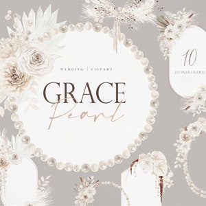 Grace Pearl Floral, Aquarell Blume, Hochzeit Clipart, Perlen Clipart, Pampass Clipart, Aquarell Weiße Blume, Weiße Rose PNG