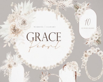 Grace Pearl Floral, Watercolor flower, Wedding clipart, Pearl Clipart, Pampass clipart, Watercolor White flower, White Rose PNG