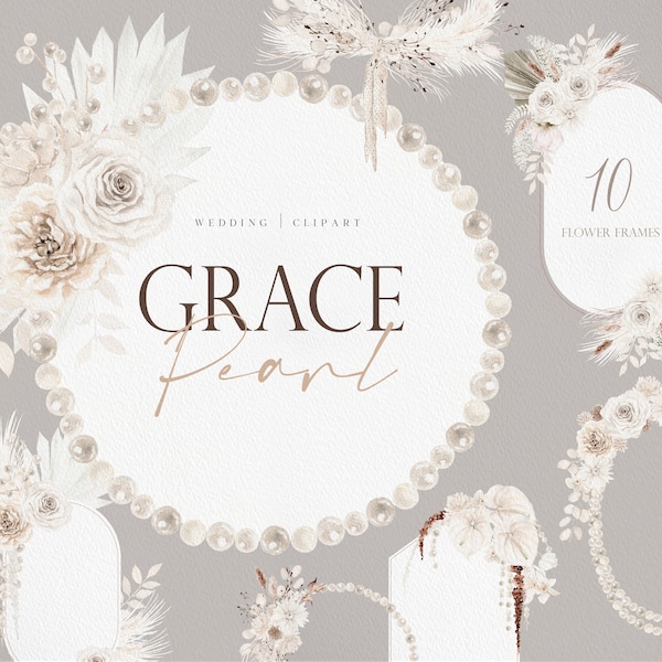 Grace Pearl Floral, Watercolor flower, Wedding clipart, Pearl Clipart, Pampass clipart, Watercolor White flower, White Rose PNG