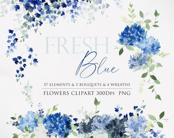 Watercolor clipart, Blue flowers, Floral arrangements, Wedding Clipart, Floral Watercolor, Watercolor flower PNG, Hydrangea clipart
