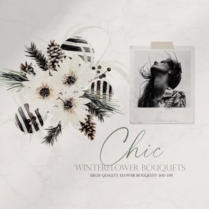 Puede incluir: Una ilustraci&oacute;n digital de un ramo de flores de invierno chic con flores blancas, pi&ntilde;as y elementos rayados en blanco y negro. El texto "Chic Winterflower Bouquets" y "High Quality Flower Bouquets 300 DPI" est&aacute; incluido en la imagen.