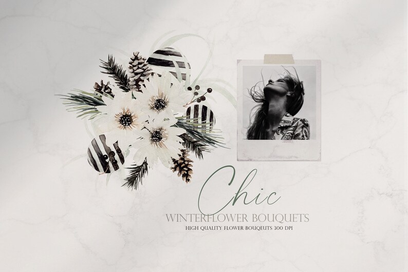 Puede incluir: Una ilustraci&oacute;n digital de un ramo de flores de invierno chic con flores blancas, pi&ntilde;as y elementos rayados en blanco y negro. El texto "Chic Winterflower Bouquets" y "High Quality Flower Bouquets 300 DPI" est&aacute; incluido en la imagen.
