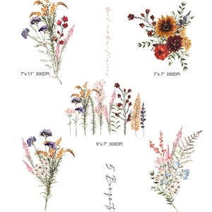 May include: Five watercolor bouquets of wildflowers in various shades of pink, yellow, red, and purple. The bouquets are arranged in a grid pattern with the text "5 Bouquets" in the center.