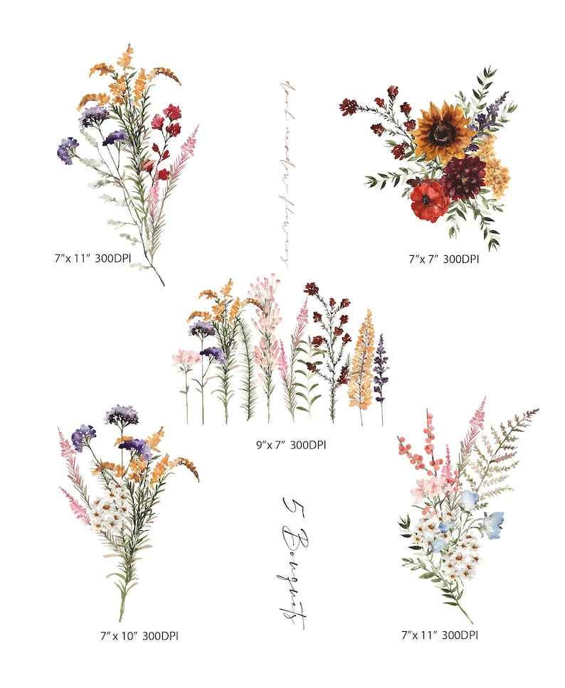 May include: Five watercolor bouquets of wildflowers in various shades of pink, yellow, red, and purple. The bouquets are arranged in a grid pattern with the text "5 Bouquets" in the center.