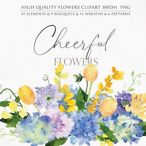 Flor alegre, imágenes prediseñadas de acuarela, flor de acuarela, flor PNG, flor púrpura png, flor amarilla png, imágenes prediseñadas de hortensia, png de lavanda