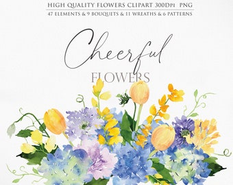 Vrolijke bloem, aquarel clipart, aquarel bloem, bloem PNG, paarse bloem png, gele bloem png, hortensia clipart, lavendel png