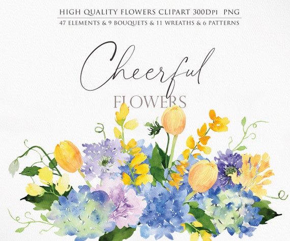 Cheerful flower, Watercolor clipart, Watercolor flower, Flower PNG, Purple flower png, Yellow flower png, Hydrangea clipart, Lavender png
