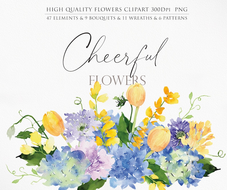 May include: A watercolor illustration of a bouquet of cheerful flowers. The bouquet features blue, purple, and yellow flowers with green leaves. The text "Cheerful Flowers" is written above the bouquet.