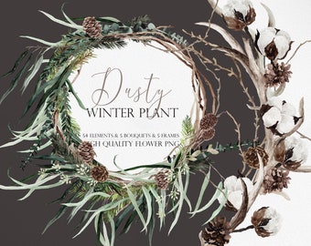 Op de afbeelding: Waterverfillustratie van een winterkrans met eucalyptusbladeren, dennentakken en dennenappels. De krans is versierd met katoenen bollen en bruine twijgen. De tekst "Dusty Winter Plant" is in cursief op de krans geschreven.