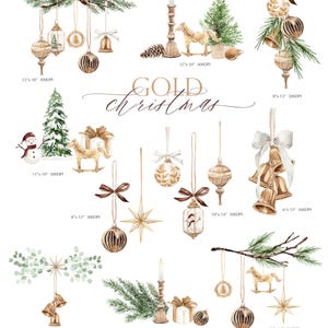 May include: A collection of watercolor illustrations featuring gold Christmas ornaments, pine branches, candles, gift boxes, a rocking horse, and a snowman. The text "GOLD christmas" is centered. Each element includes dimensions in inches.
