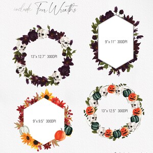 May include: Four digital wreaths for Halloween.  Two wreaths feature black roses and skulls, one features pumpkins and skulls, and one features sunflowers, pumpkins, and fall leaves.  Each wreath is 9-13 inches in diameter.