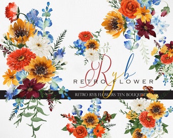 Retro RYB flower, Watercolor clipart, Watercolor flower, Red flower, Yellow flower, Blue flower, Wildflower clipart, Retro flower clipart