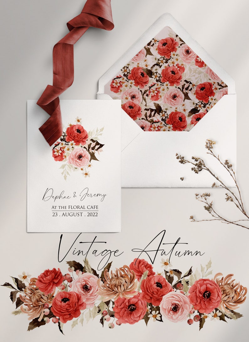 Puede incluir: Una invitaci&oacute;n de boda con un dise&ntilde;o floral. La invitaci&oacute;n es para Daphne y Jeremy, y dice "At the Floral Cafe, 23. August. 2022". La invitaci&oacute;n est&aacute; rodeada por un borde floral con flores rojas, rosas y marrones.