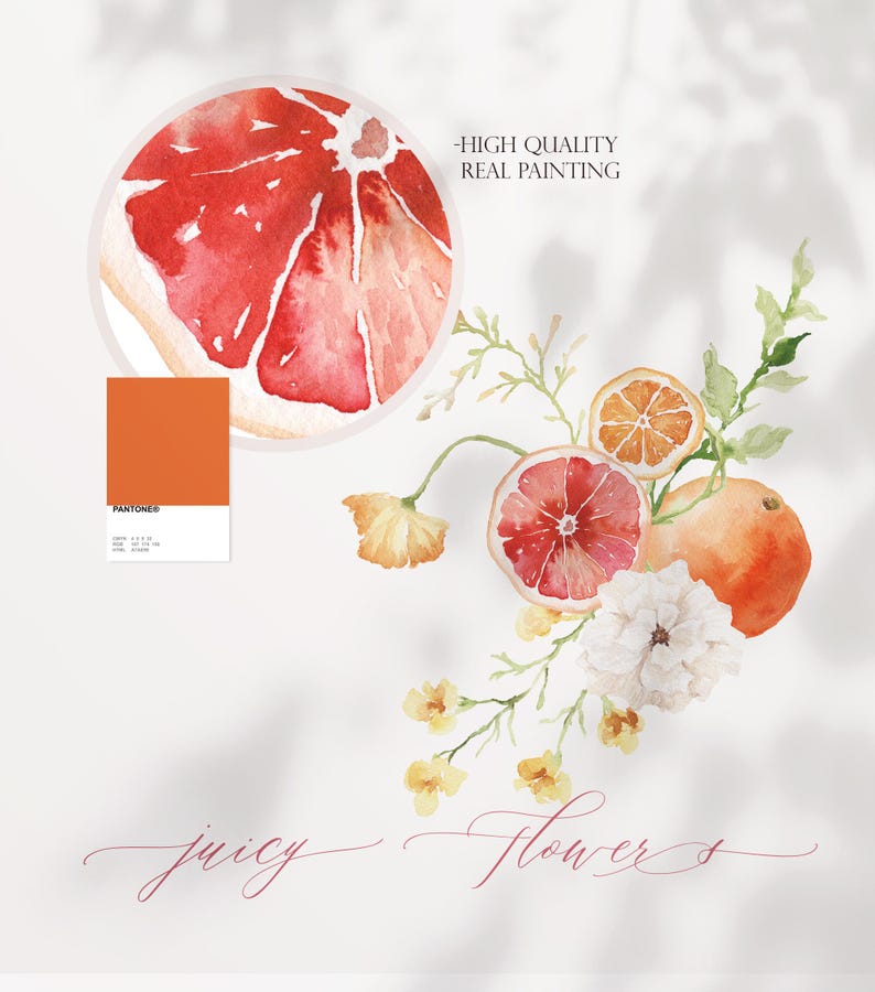 May include: Watercolor painting of a bouquet of flowers with oranges and grapefruits. The flowers are white and yellow. The oranges and grapefruits are sliced in half and show the inside of the fruit. The painting is on a white background. The text "juicy flowers" is written in cursive at the bottom of the painting.