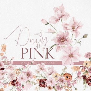 Fiori rosa polverosi, fiori ad acquerello, clipart ad acquerello, rosa rosa acquerello, rosa rosa polverosa, mazzi di fiori rosa,