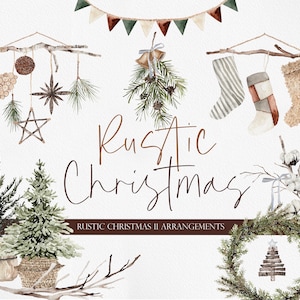 Noël rustique, Ornements Clipart, Clipart de Noël, Noël Boho, Clipart aquarelle, Noël aquarelle, Couronne de Noël
