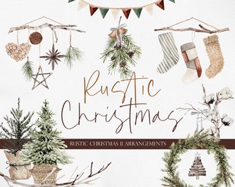 Rustic Christmas, Ornaments Clipart, Christmas Clipart, Boho Christmas, Watercolor Clipart, Watercolor Christmas, Christmas Wreath