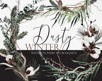 Dusty Winter Flower, Winter Bouquets, Winter Boho flower, Pinetree clipart, Cotton flower clipart, Winter plant, Watercolor winter flower