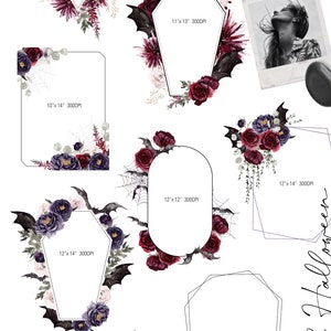 May include: Set of 10 digital frames featuring watercolor illustrations of bats, flowers, and spiderwebs in shades of burgundy, purple, and white. The frames are in various shapes and sizes, with dimensions listed in inches and DPI.